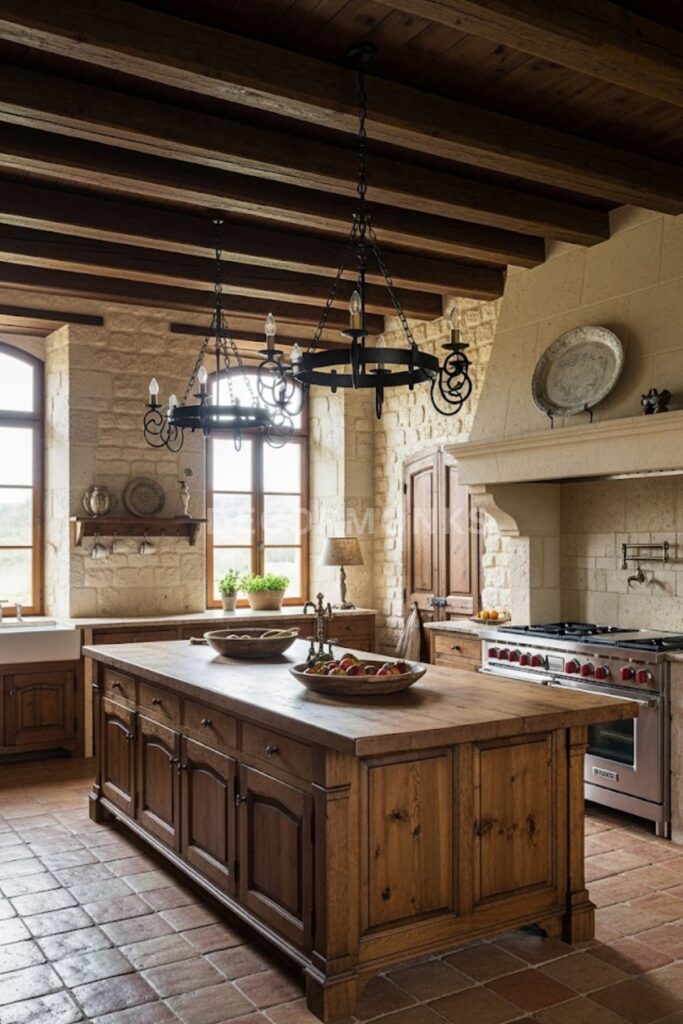 Mediterranean kitchen with aged limestone walls
