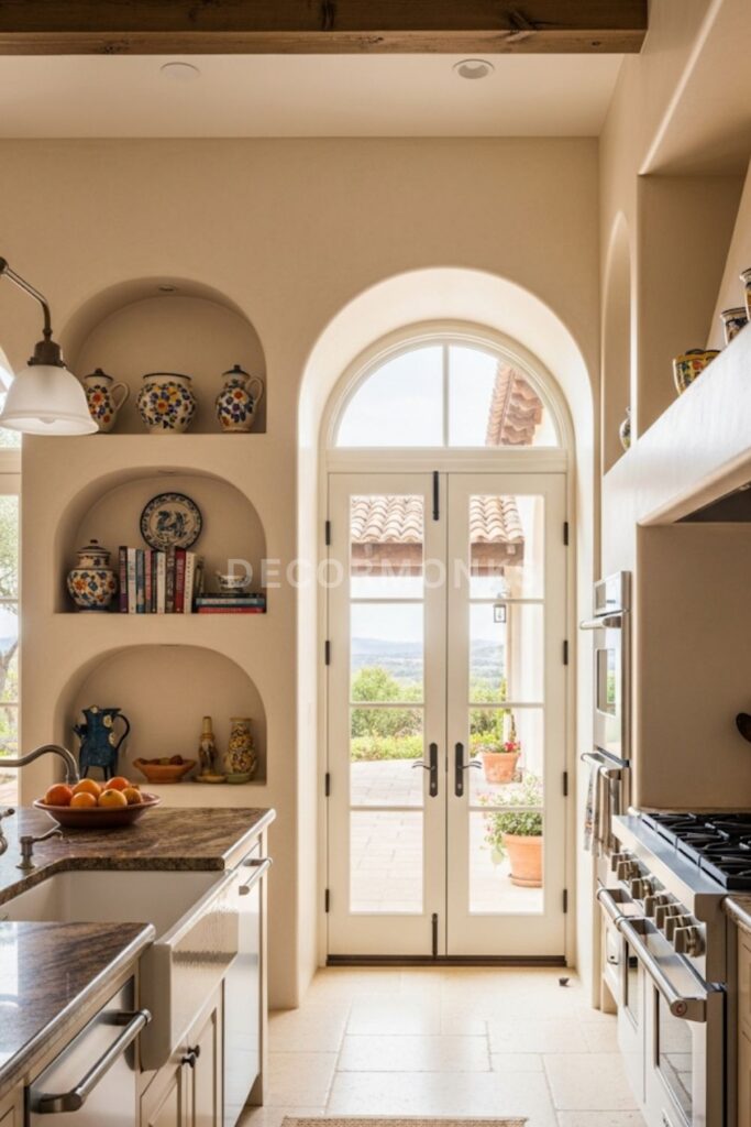 Mediterranean-style kitchen with a wide arched doorway