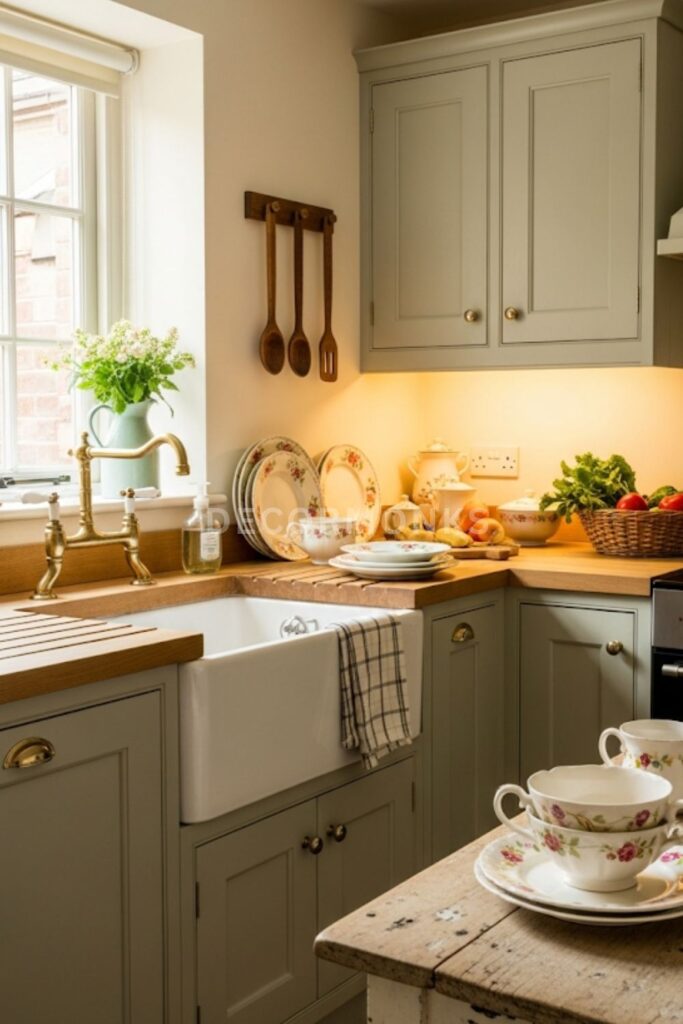 cozy cottage kitchen with a white apron-front