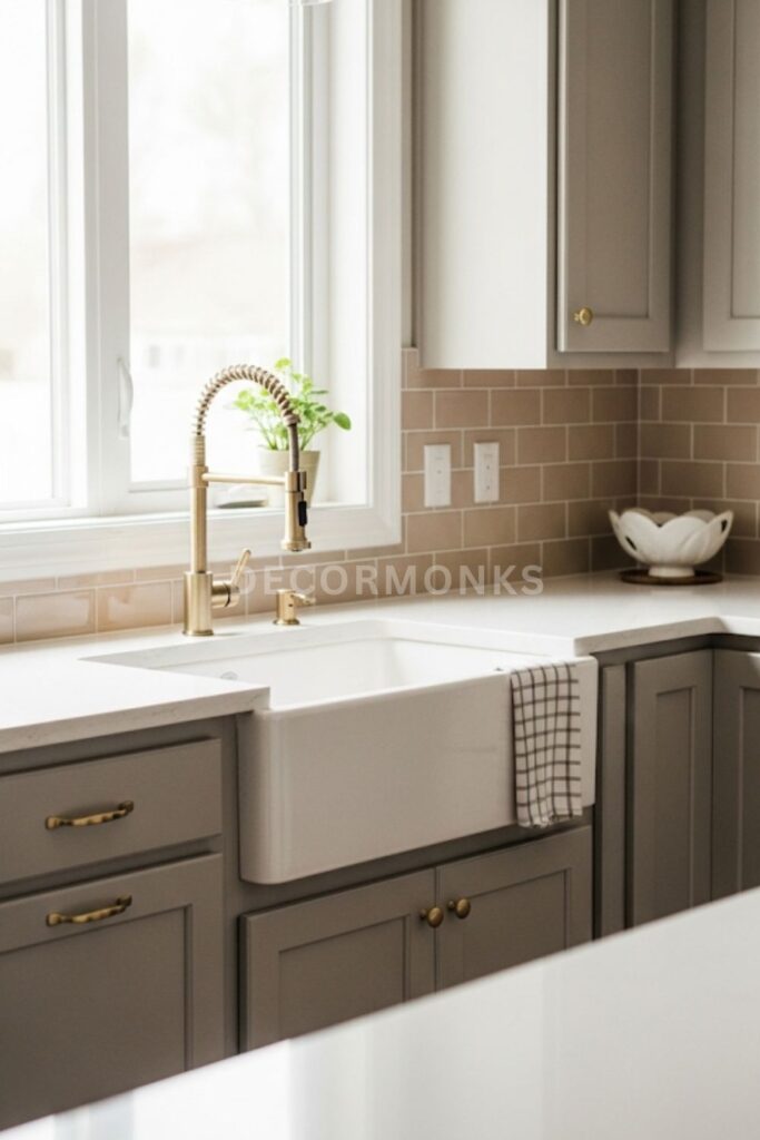 cozy modern kitchen with a white farmhouse
