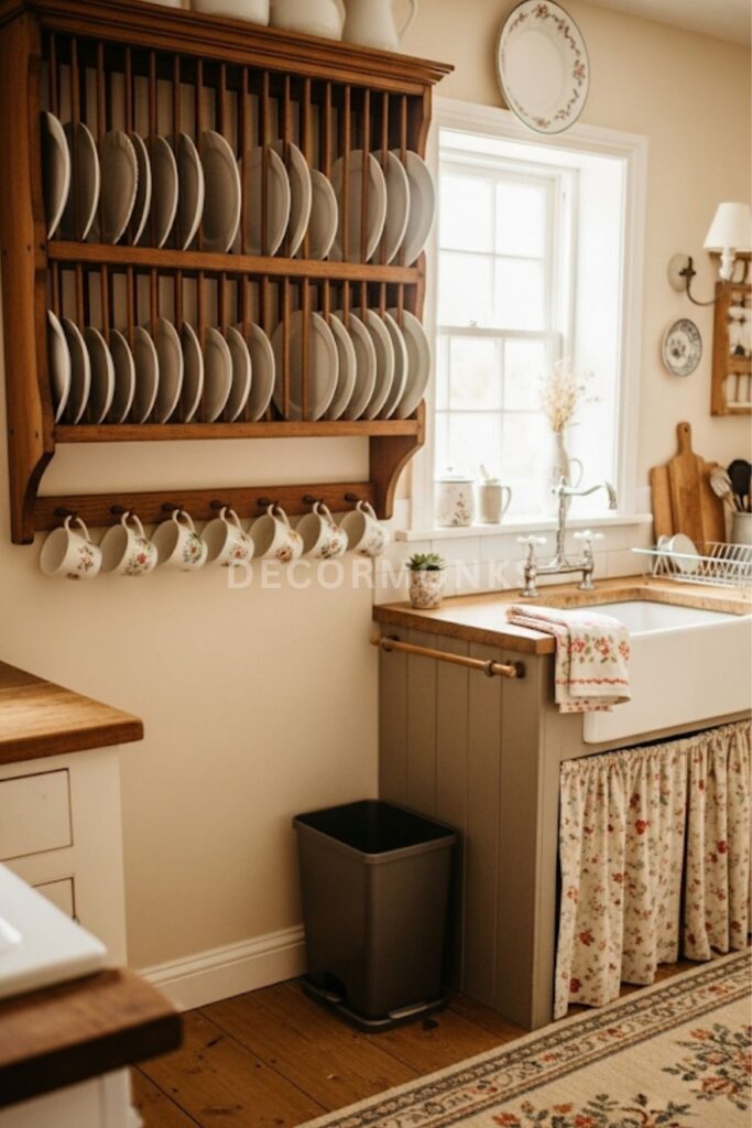 kitchen with a wooden wall-mounted plate rack