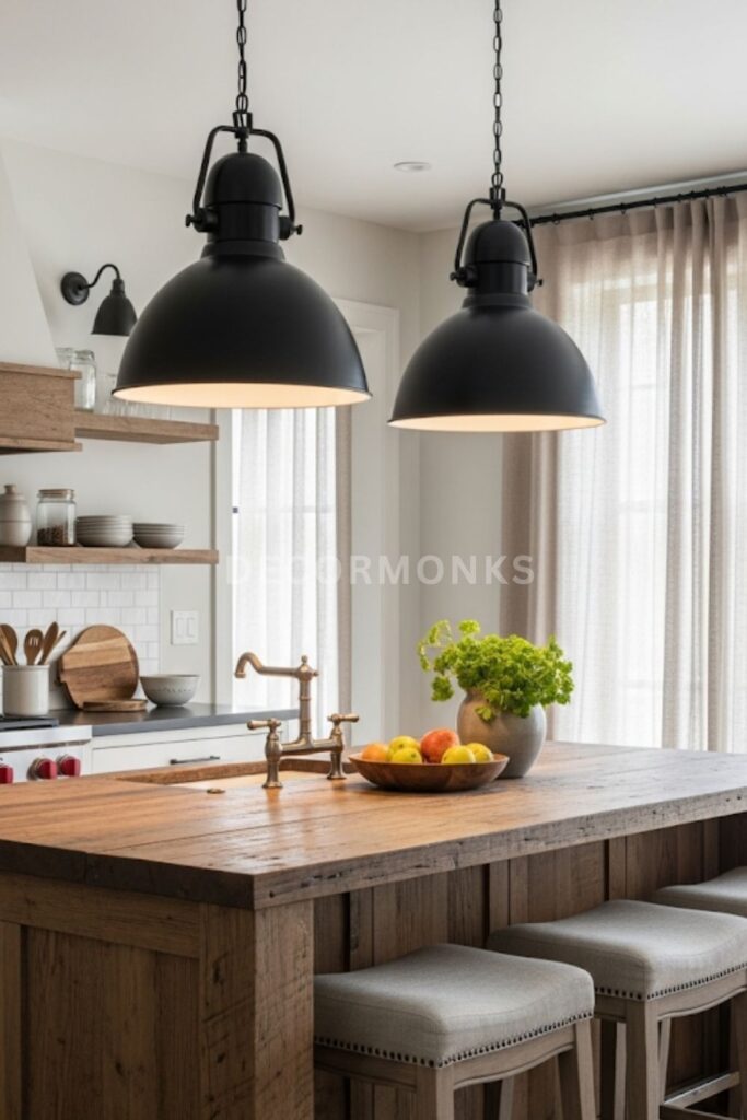 kitchen with industrial black pendant lights