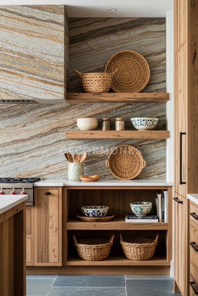 rustic modern kitchen with a stone backsplash