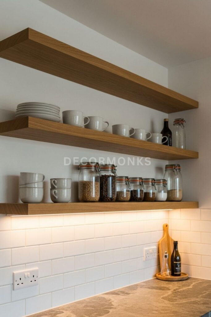 rustic modern kitchen with floating oak shelves