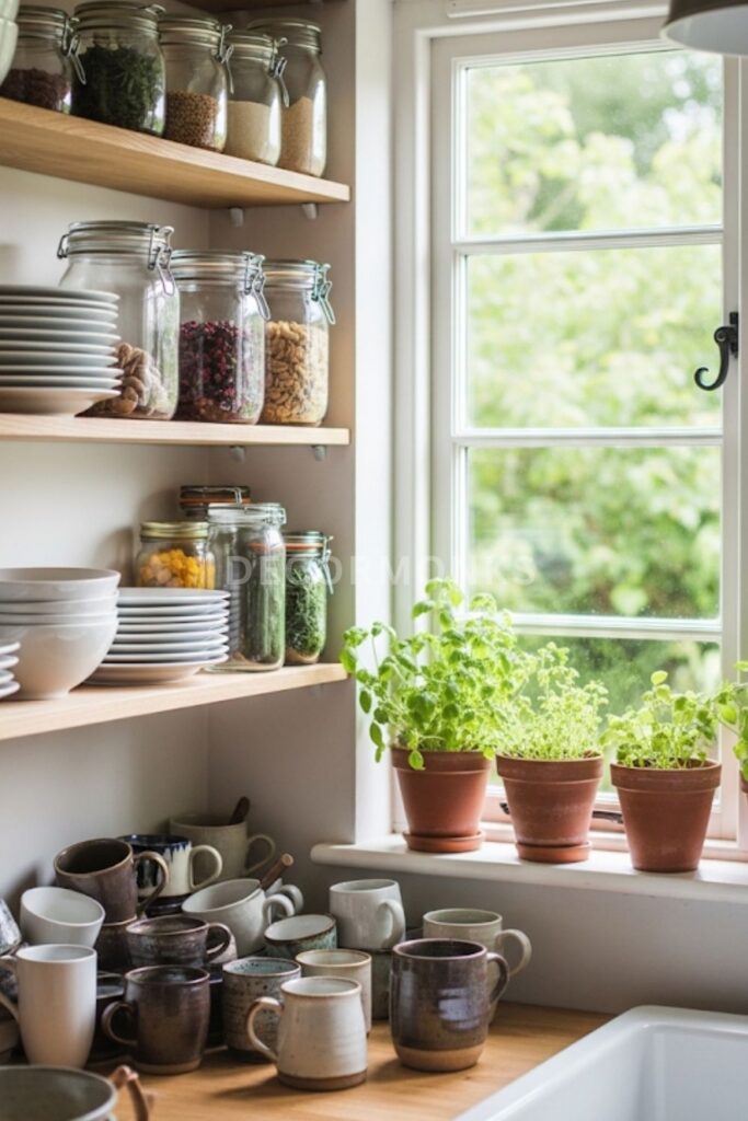 small cottage kitchen with open wood shelving