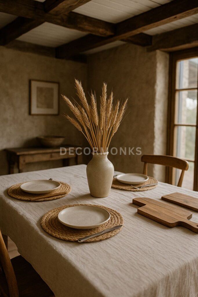 Dinning table in rustic farmhouse interior.