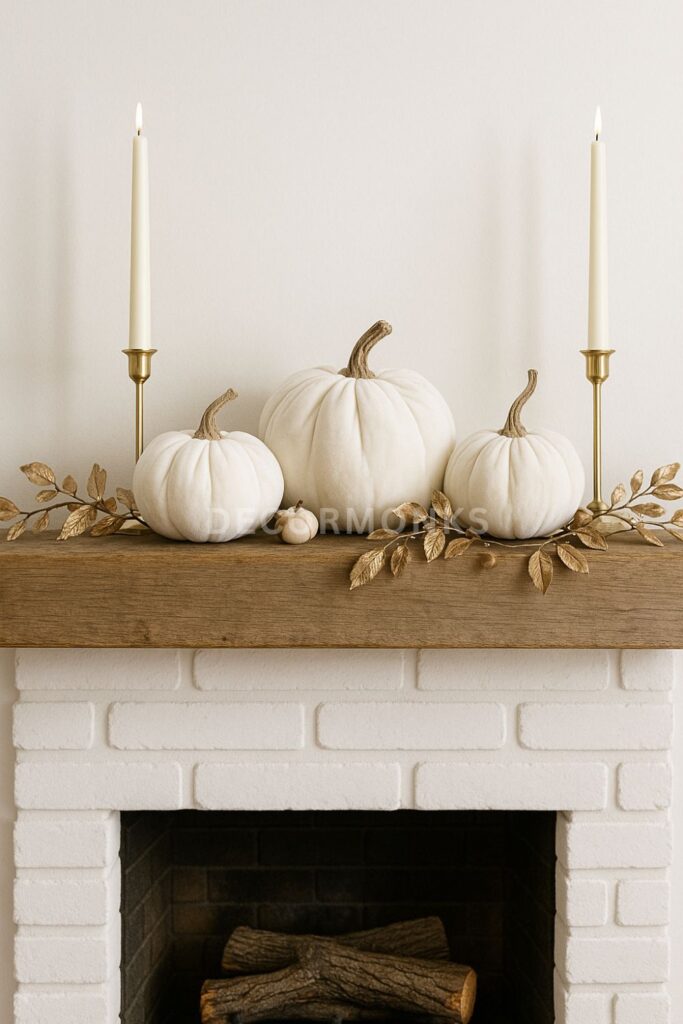 Elegant Mantle with White Pumpkins and Gold Accents
