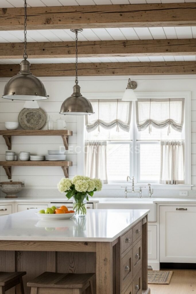coastal farmhouse kitchen with white shiplap walls