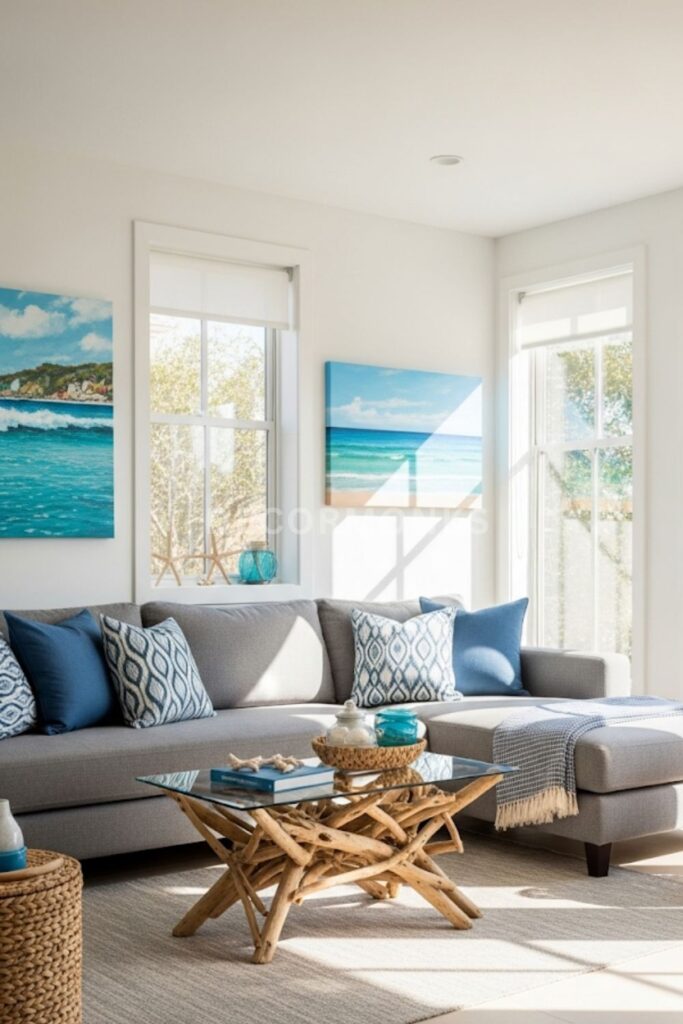 grey sofa with blue and white cushions