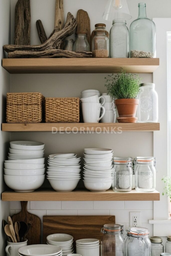 kitchen wall with open wood shelves