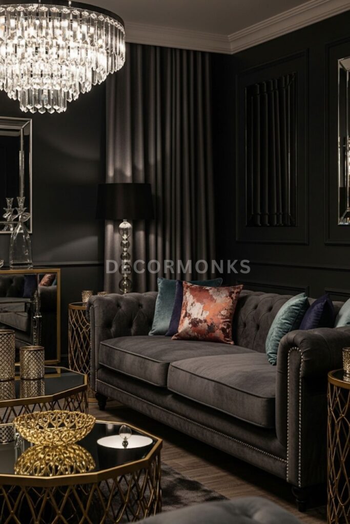 velvet charcoal-grey couch in living room