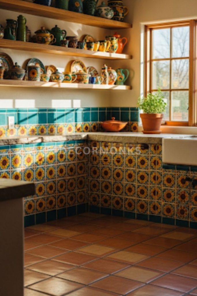 sunlit kitchen with terracotta floors